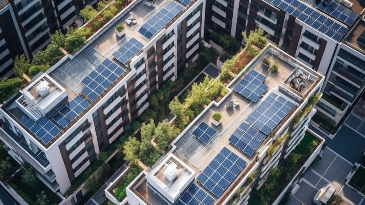 Aerial view of buildings with roof-top gardens